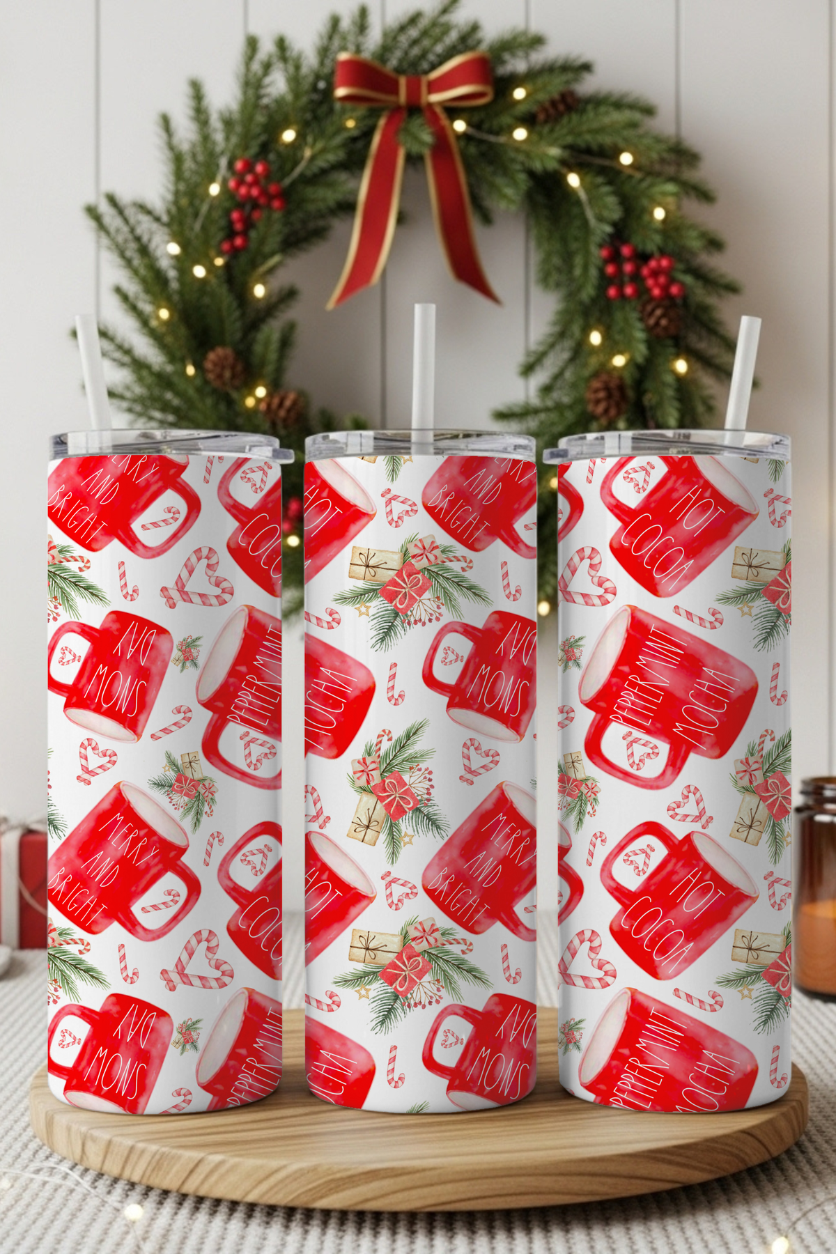 Rustic farmhouse Christmas design with classic holiday lettering on a stainless steel tumbler