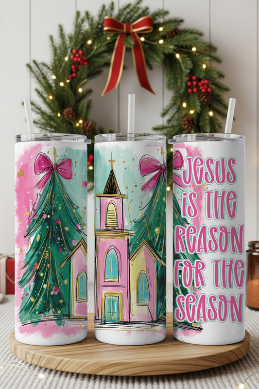 Christian Christmas tumbler cup with “Jesus Is the Reason for the Season” design