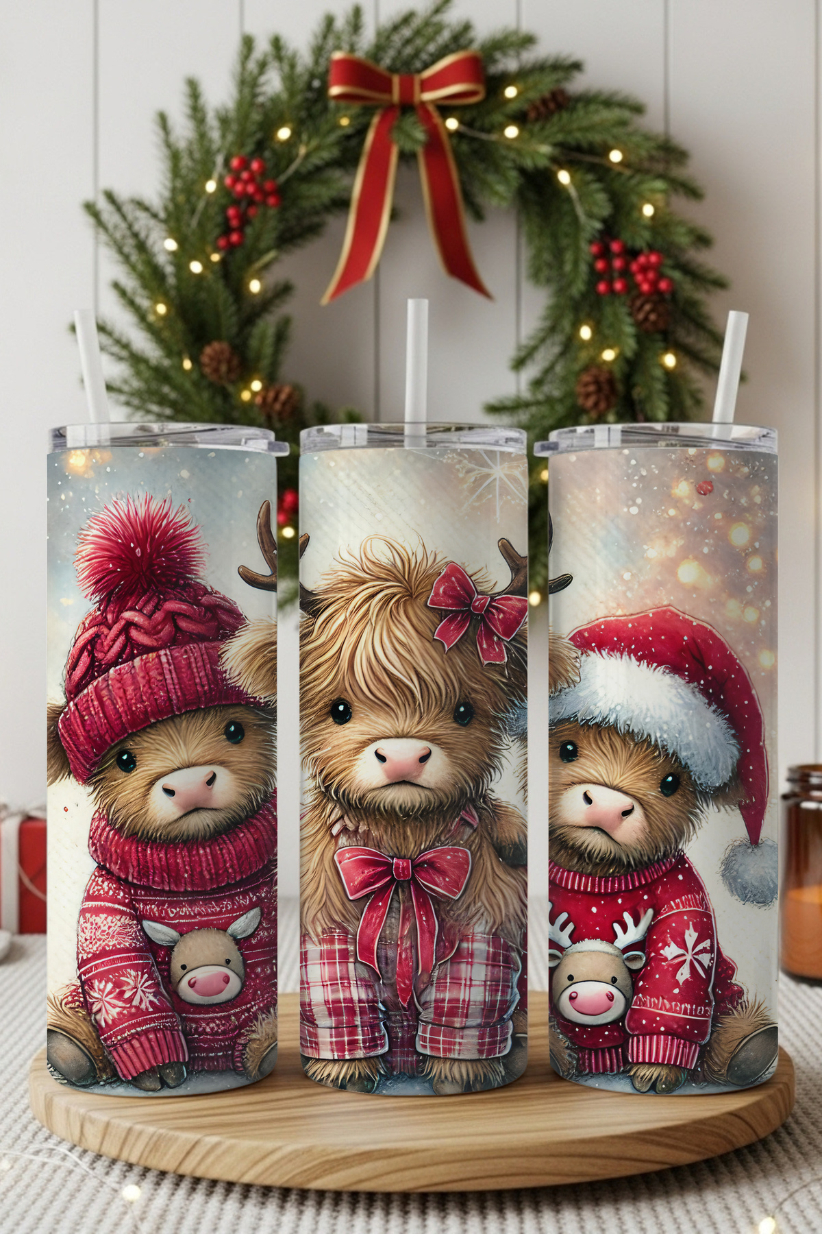 Cute baby Highland cow Christmas design on a round stainless steel tumbler.