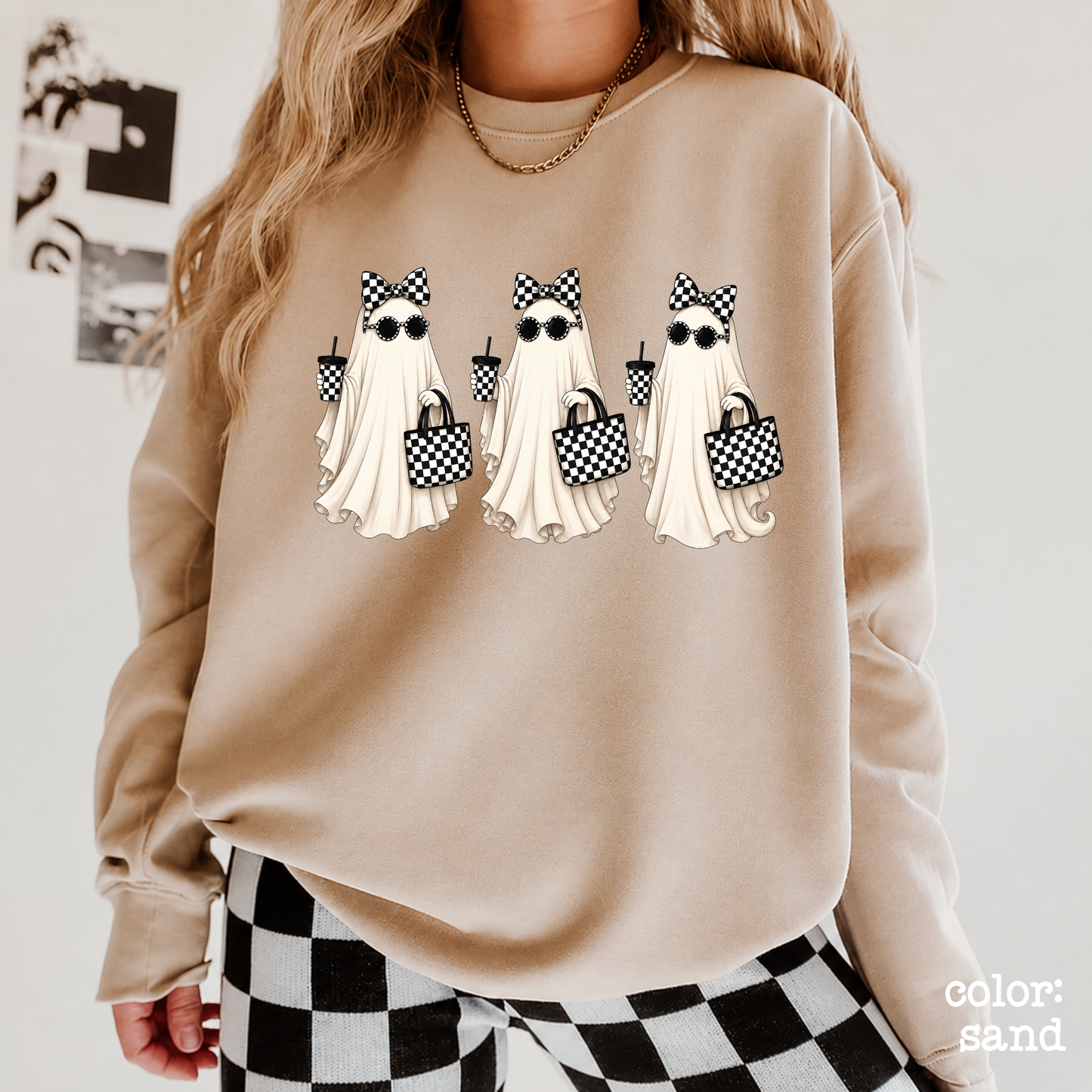 Booje Ghost Halloween Sweatshirt on beige crewneck