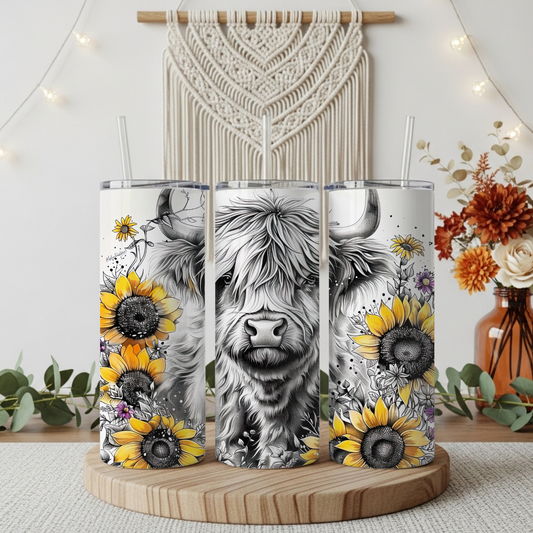 Three tall insulated tumblers with clear straws, printed with a black-and-white Highland cow and yellow sunflower design, displayed on a round wooden tray in a styled indoor setting with a macrame wall hanging and dried flowers in the background.