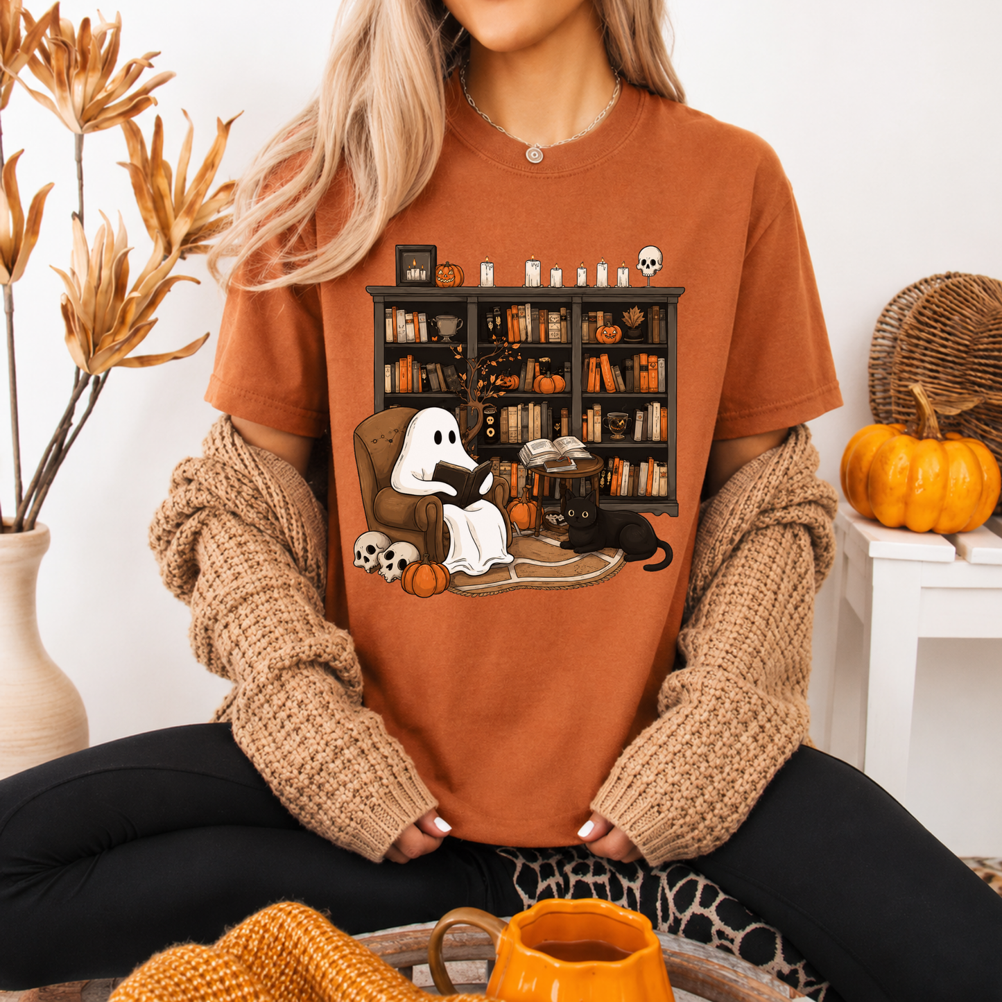 Ghost Reading Shirt Halloween Book Lover Graphic Tee