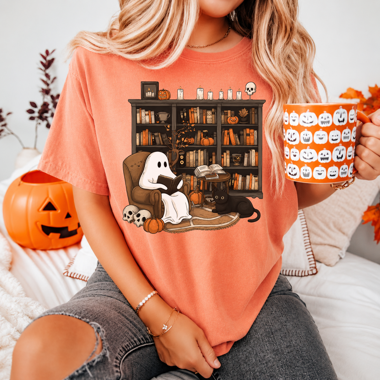 Ghost Reading Shirt Halloween Book Lover Graphic Tee