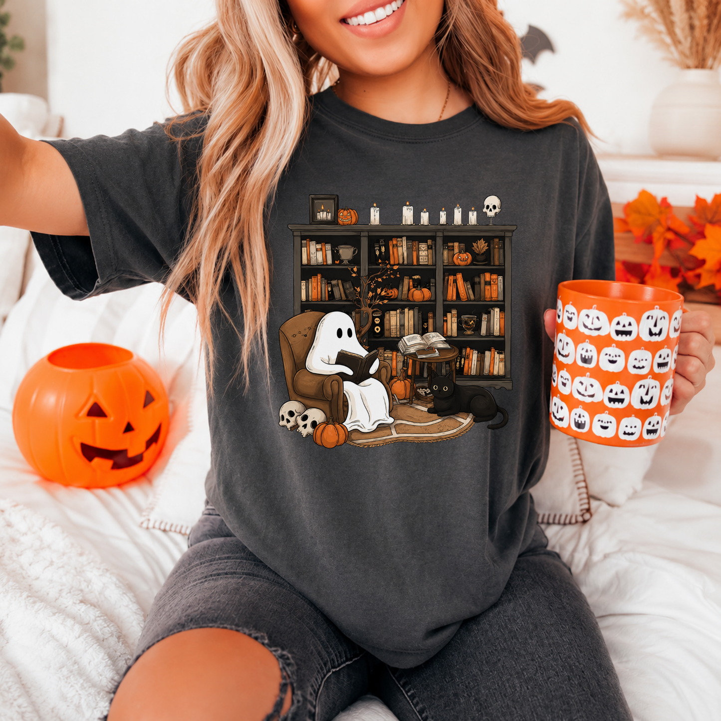 Ghost Reading Shirt Halloween Book Lover Graphic Tee
