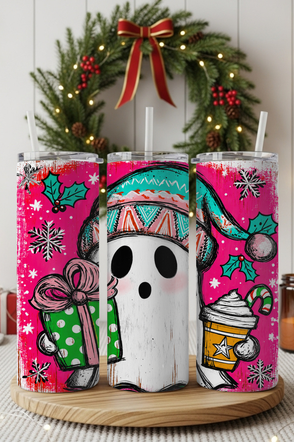 Spooky ghost Christmas tumbler with Halloween-inspired holiday design.